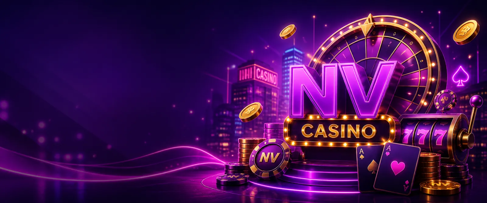Premium promotional banner with purple-magenta neon hues for NV Casino, featuring modern luxury and stylish iGaming atmospher
